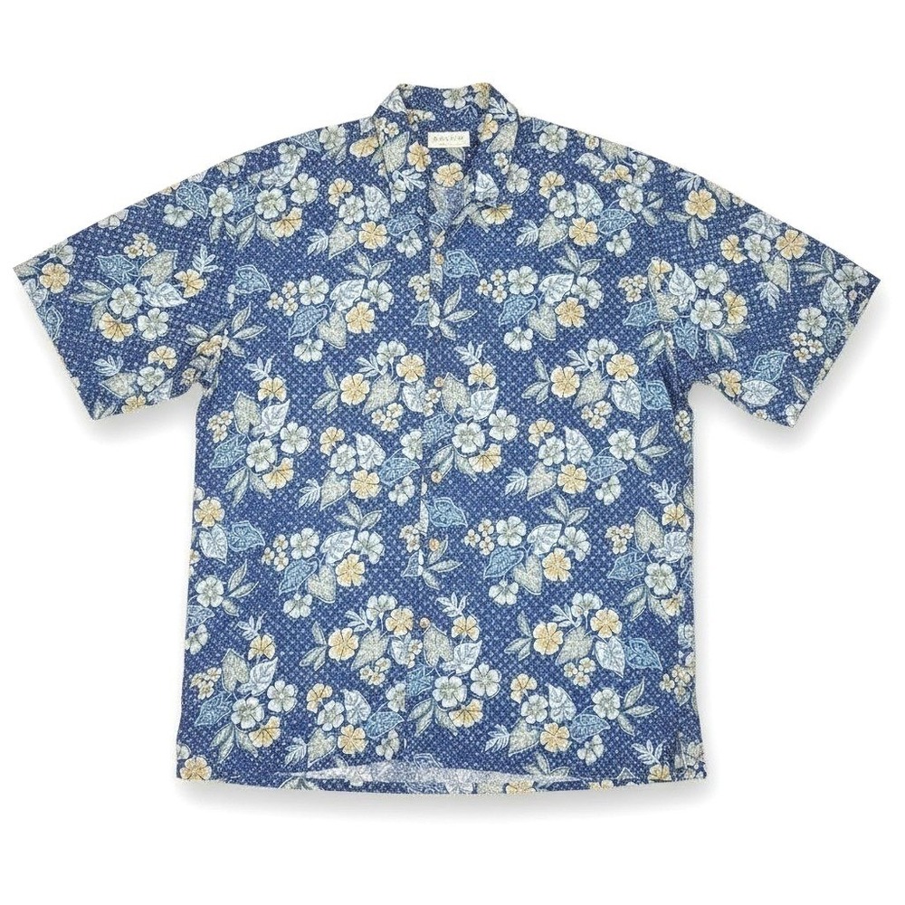 Havana Jack's Cafe Button Down Shirt L Blue Floral Tropical Hibiscus S/S